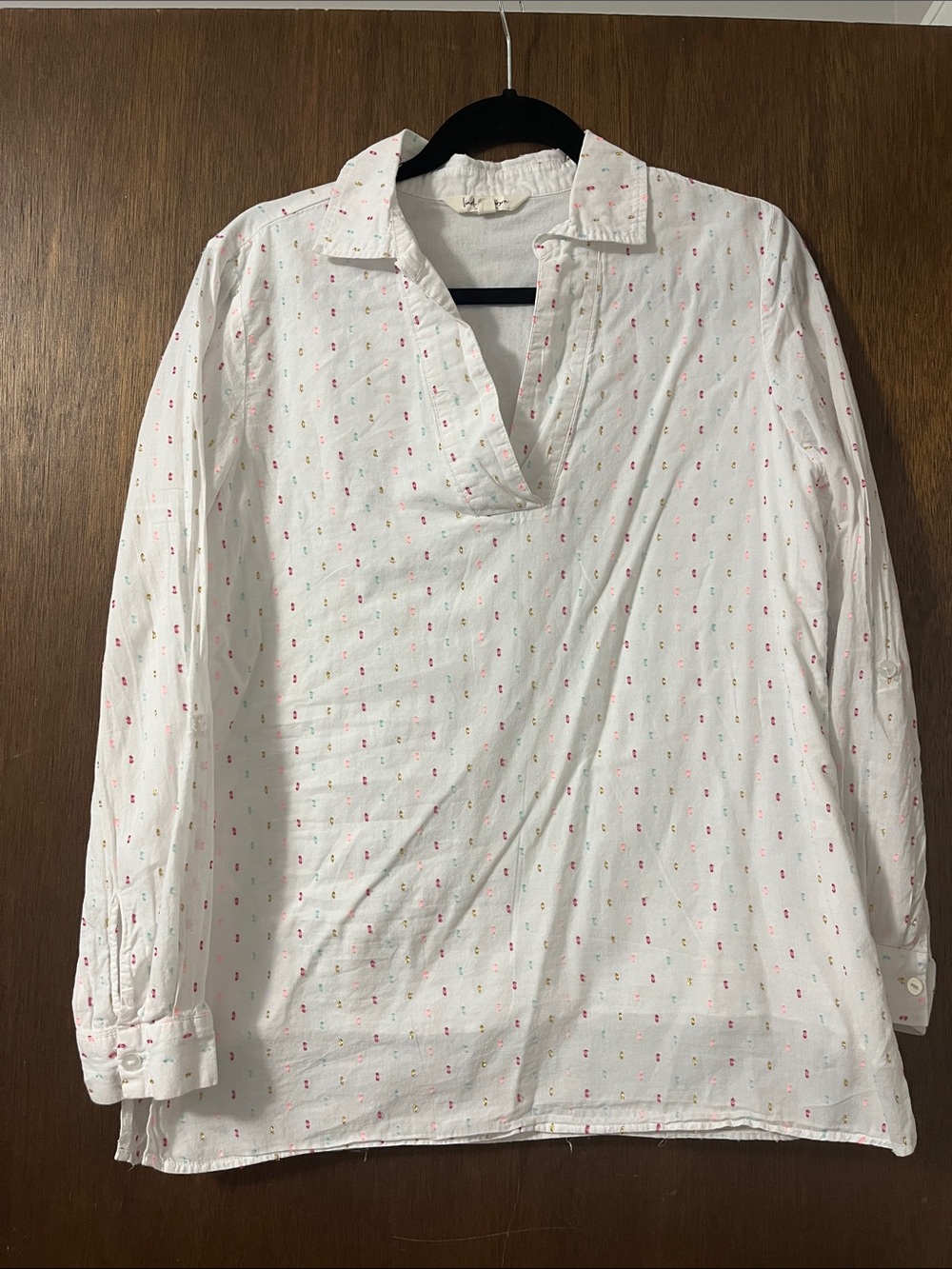 Women’s White Cotton Popover Shirt with Pink Dot Print